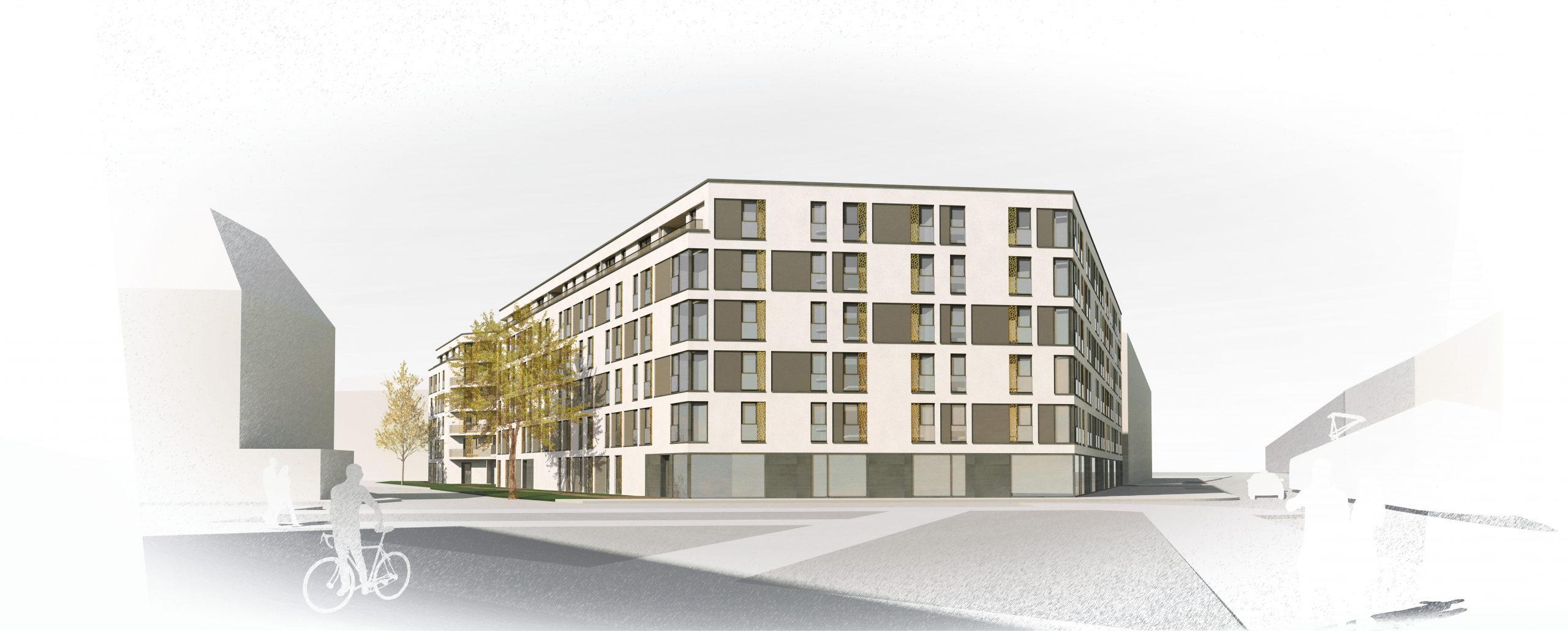 Eine digitale Darstellung eines modernen, mehrstöckigen Wohnhauses auf einem Eckgrundstück. Das Gebäude zeichnet sich durch große Fenster und ein minimalistisches Design aus. Entlang des Gehwegs sind Bäume zu sehen, und im Vordergrund sind Silhouetten von Menschen und einem Radfahrer zu sehen.