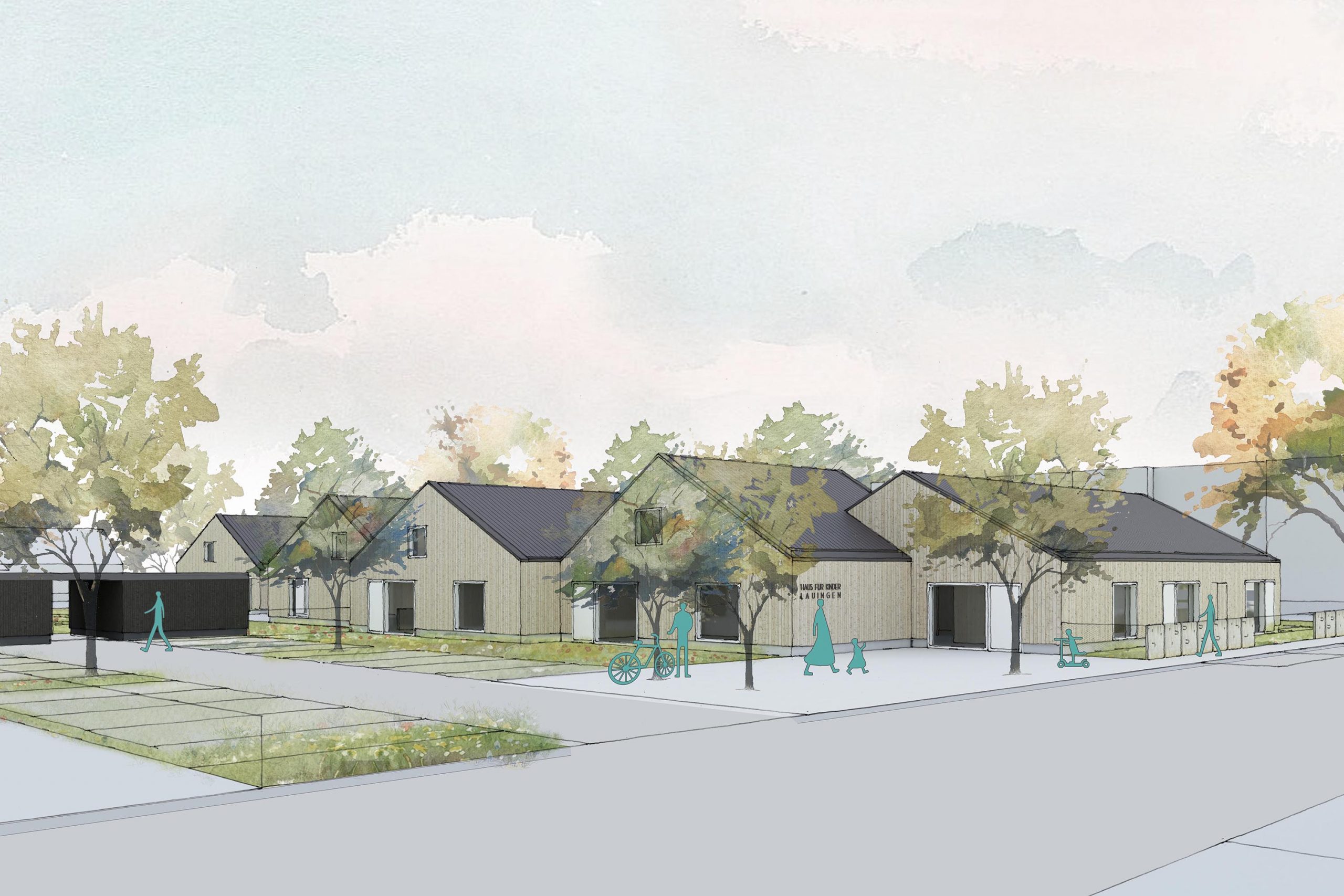 Eine architektonische Illustration im Aquarellstil eines modernen Gebäudekomplexes mit Bäumen und spazierenden Menschen. Die Gebäude haben schräge Dächer und die Szene vermittelt den Eindruck einer angenehmen Wohngegend.