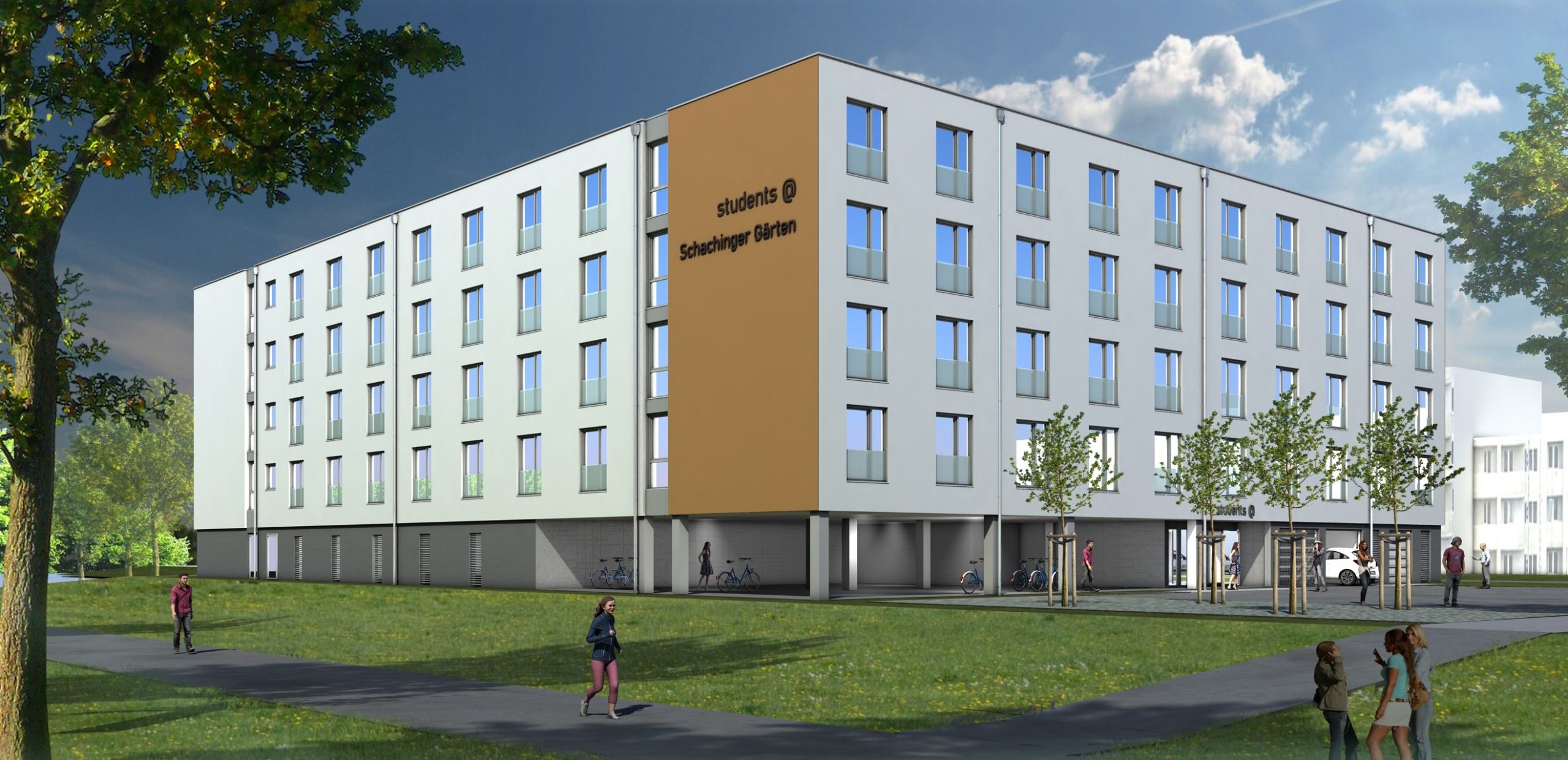 Ein modernes vierstöckiges Gebäude mit der Aufschrift „students @ Schachinger Gärten“ hat eine weiße Fassade mit großen Fenstern. Auf der umliegenden grünen Rasenfläche und dem Gehweg gehen die Leute gemütlich spazieren. Fahrräder stehen unter der Überdachung des Gebäudes.